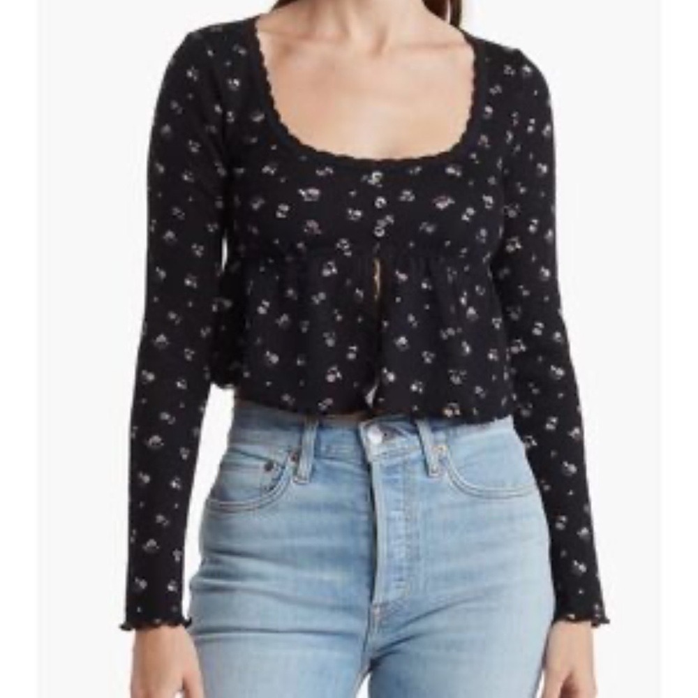 Kirious Los Angeles Black Floral Waffle Knit Peplum Top Long Sleeve KT10026 S - Picture 14 of 14